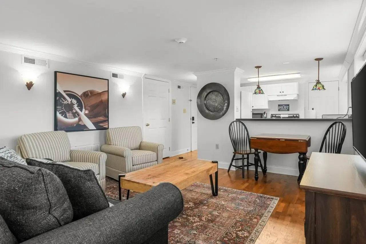 Aviation-themed living room in The Landing