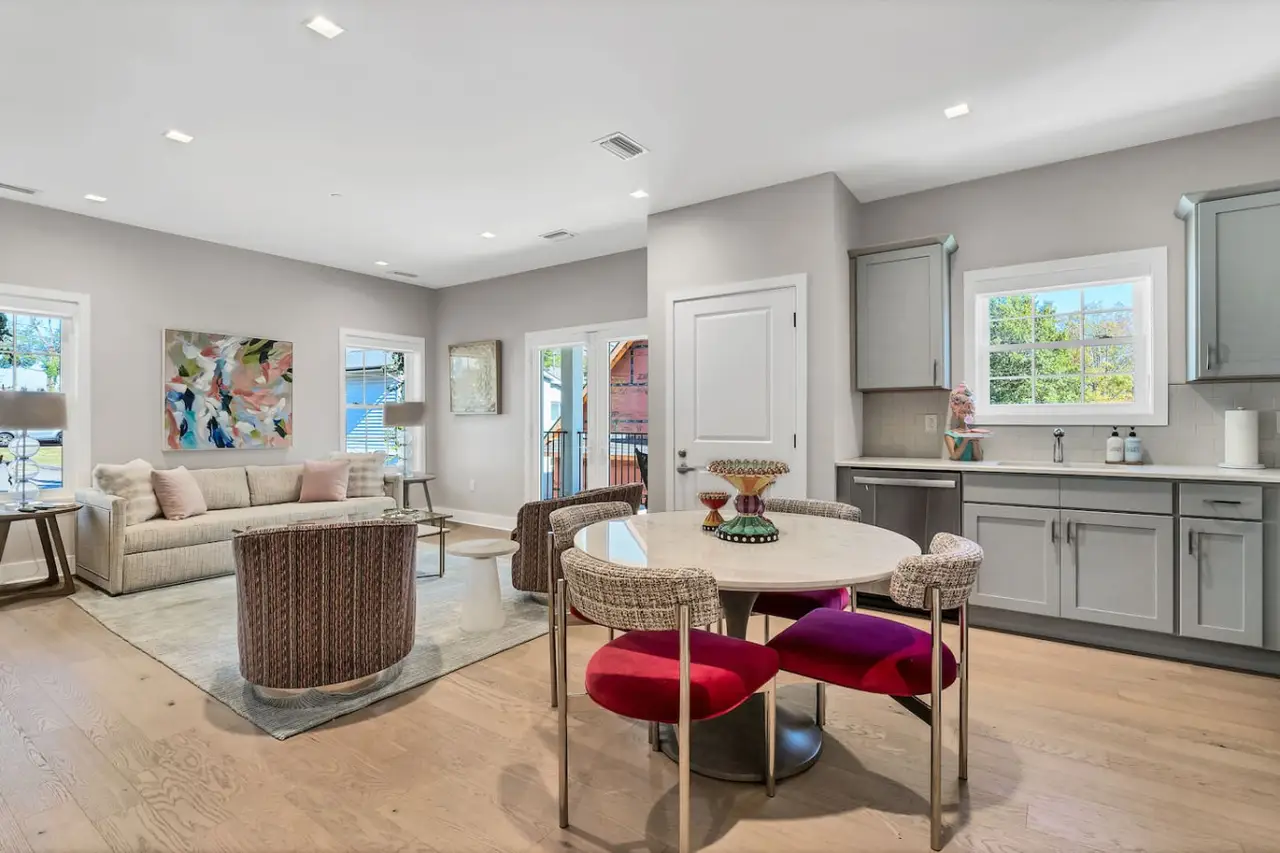 Kitchen and living area at The Ice Cream Parlor Penthouse Suite