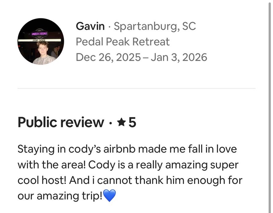 Gavin's 5-star public review of Pedal Peak Retreat