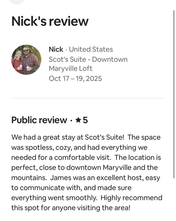 Nick's 5-star public review of Scot's Suite in downtown Maryville